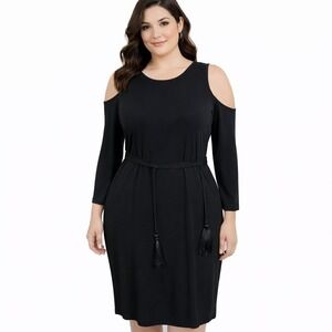 CALVIN KLEIN Size 4 Tasseled Cold Shoulder Long Sleeve Belted Little Black Dress